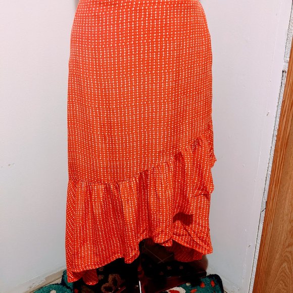 GAP Red and White A-Line Midi Skirt with Ruffled High-Low Hem - Picture 7 of 8